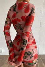 Rose print twist neck mini dress - View 13 | WEUXS