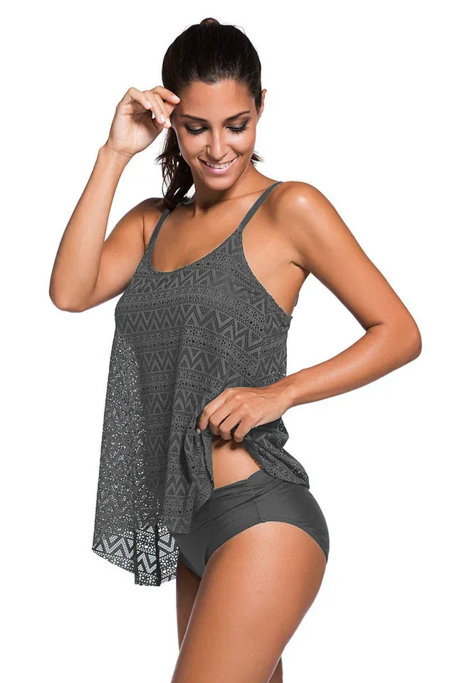 Solid Color Lace Tankini Set - WEUXS