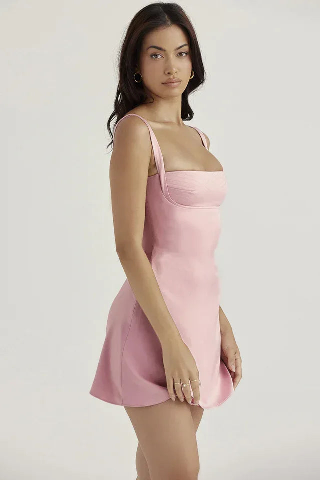 Pink Quartz Duchess Satin Mini Dress - View 7 | WEUXS