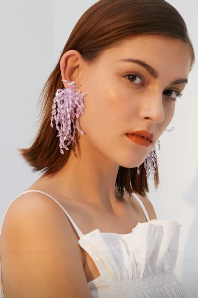 Fashionable lavender beaded chandelier earrings
