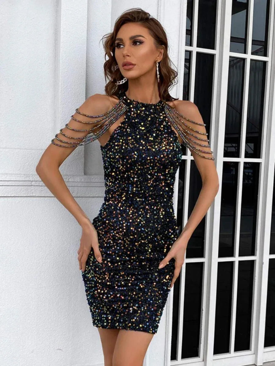 Sequin halter neck mini dress - View 12 | WEUXS