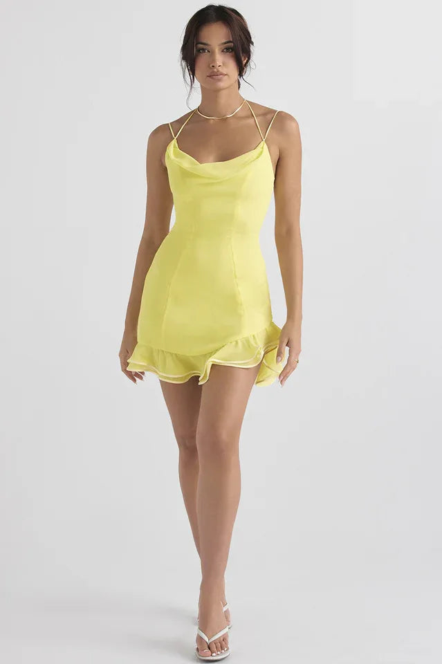 Yellow Ruffle Mini Dress - View 6 | WEUXS