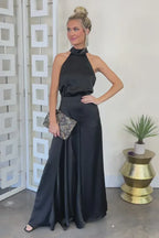 Satin wide leg halter neck jumpsuit - View 7 | WEUXS