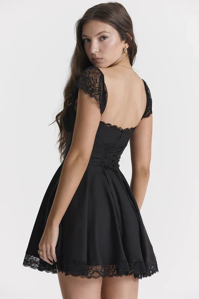 Black A-Line Mini Dress with Lace Trim Secondary image