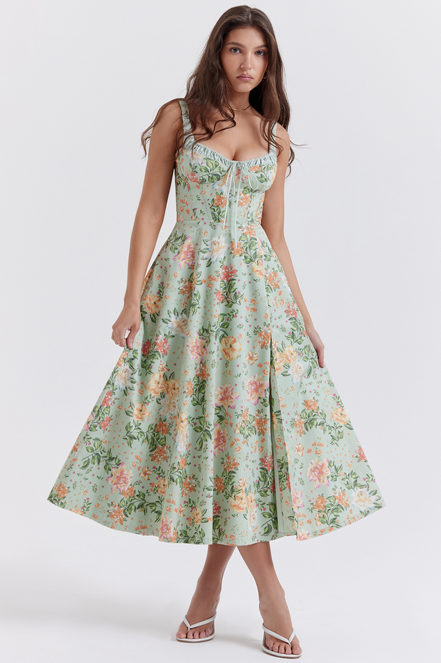 Sabrina Light Jade Print Bustier Sundress | Dress In Beauty