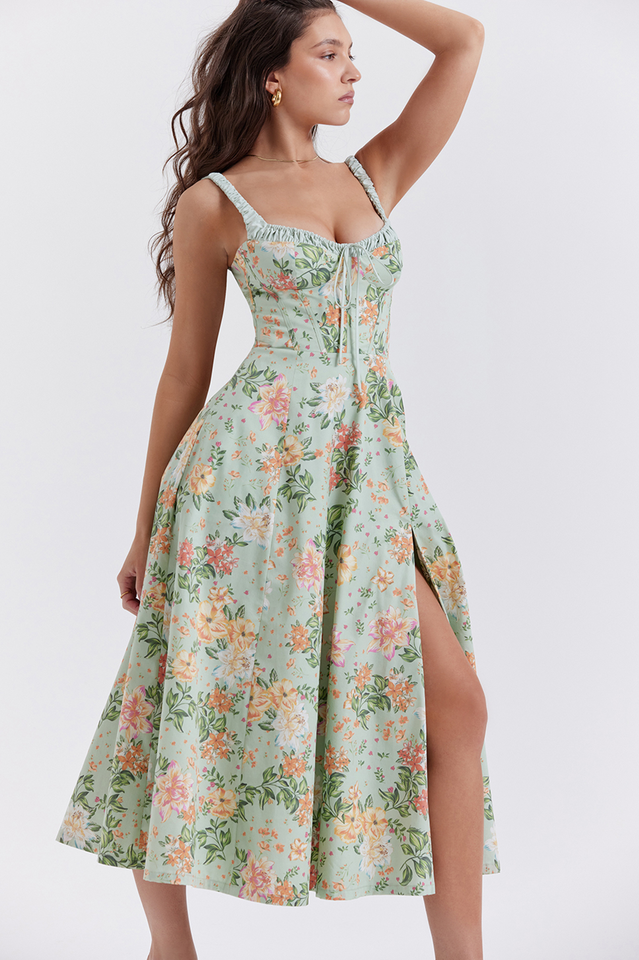Sabrina Light Jade Print Bustier Sundress | Dress In Beauty