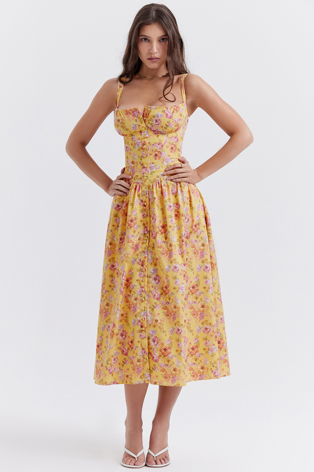 Tatiana Yellow Floral Print Midi Dress | Dress In Beauty