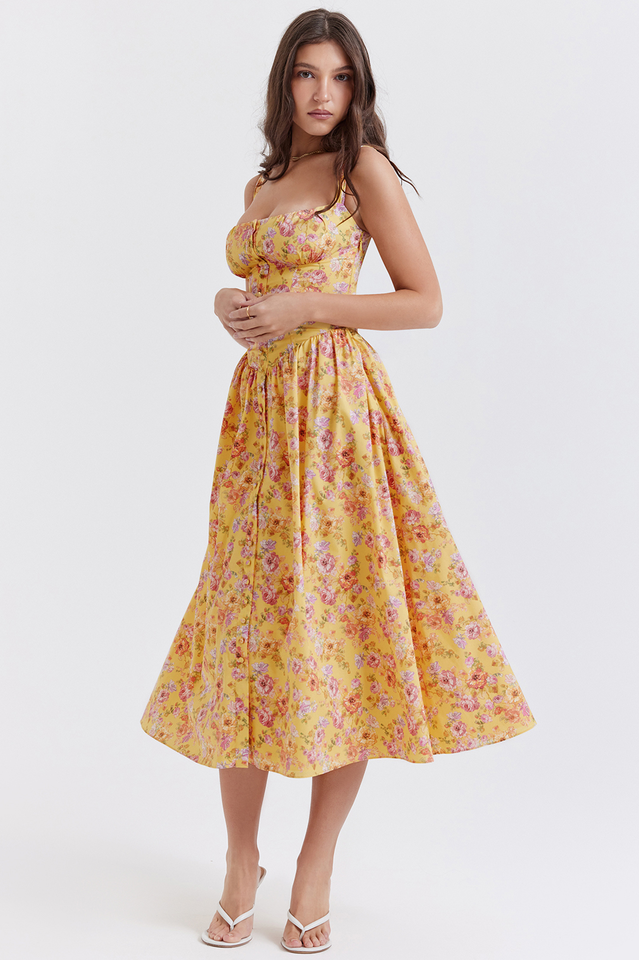 Tatiana Yellow Floral Print Midi Dress | Dress In Beauty