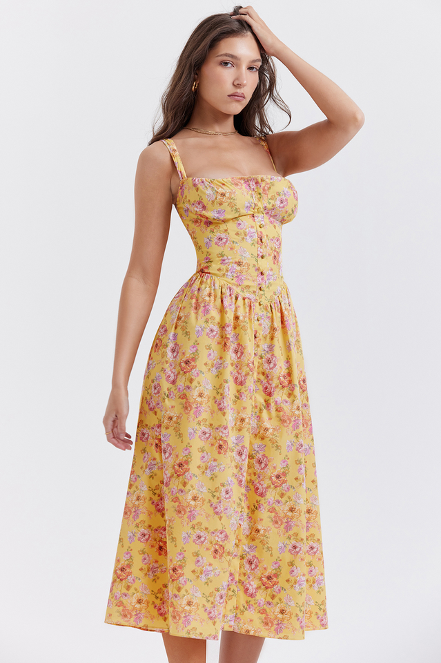 Tatiana Yellow Floral Print Midi Dress | Dress In Beauty