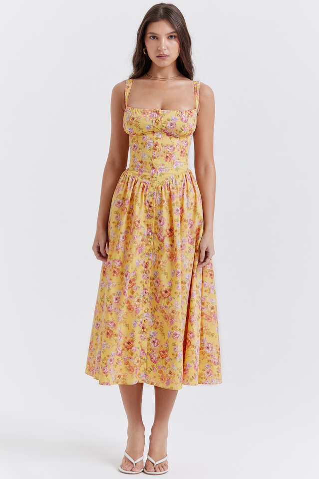 Tatiana Yellow Floral Print Midi Dress | Dress In Beauty