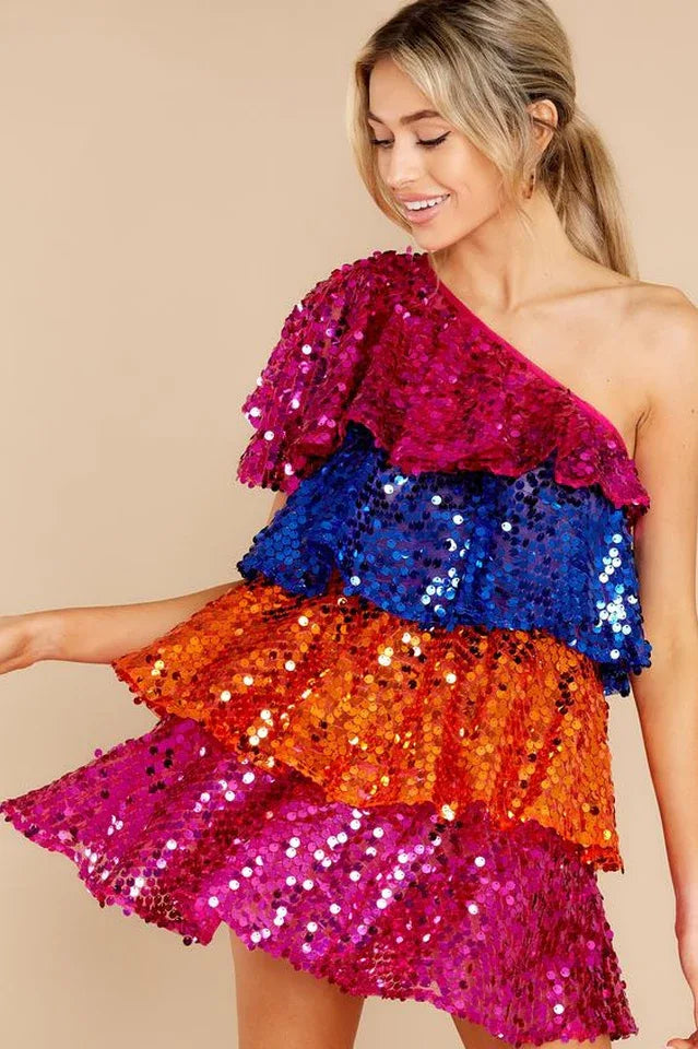 Sequined one shoulder mini dress - View 6 | WEUXS