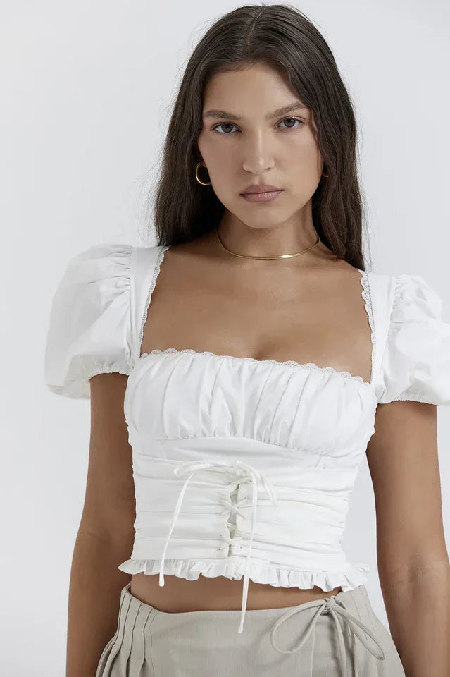 White Square Neck Puff Sleeve Cropped Top Secondary image