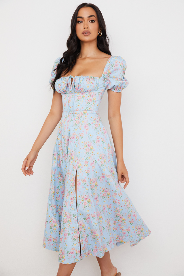 Blue And Pink Vintage Print Midi Skirt | Dress In Beauty