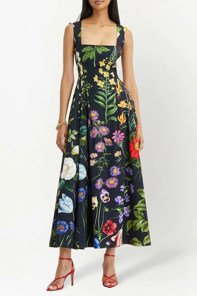Printed Tie-Back Cotton-Blend Midi Dress | Dress In Beauty
