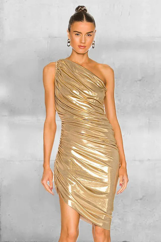 Model wearing a one-shoulder ruched metallic gold mini dress from the front
