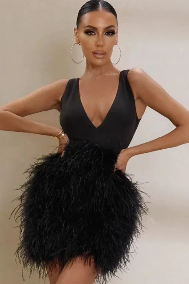 Feather Trim Mini Dress for Evening Events Secondary image