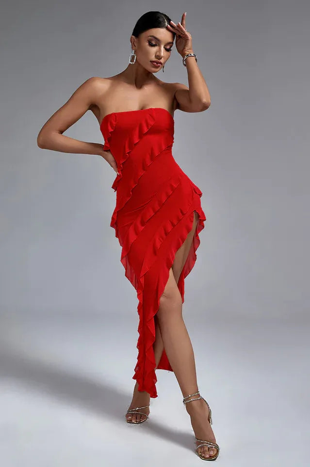Qira Bandeau Ruffle Detail Maxi Dress - WEUXS
