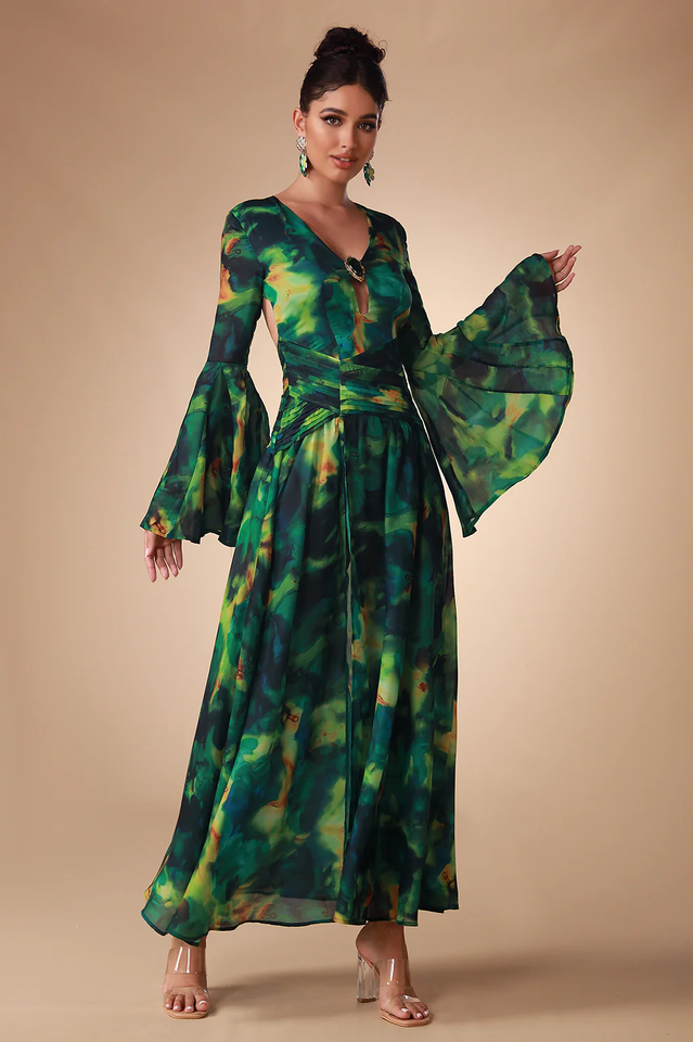 Bell Sleeve Printed Gown | Dress In Beauty