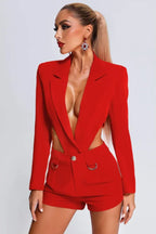 Close-up of the front of a red cut-out blazer jumpsuit