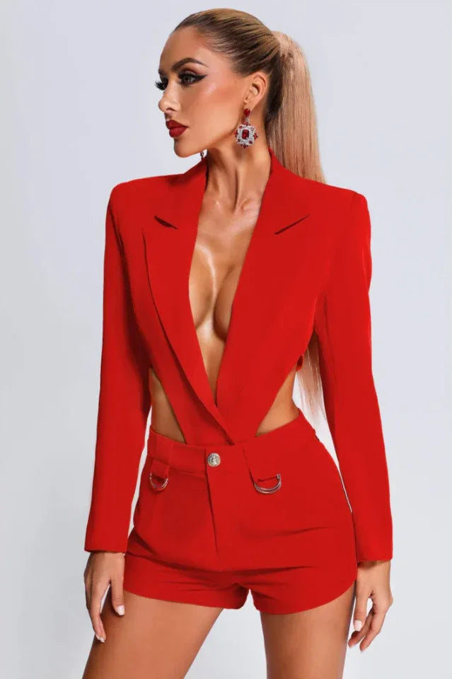 Close-up of the front of a red cut-out blazer jumpsuit