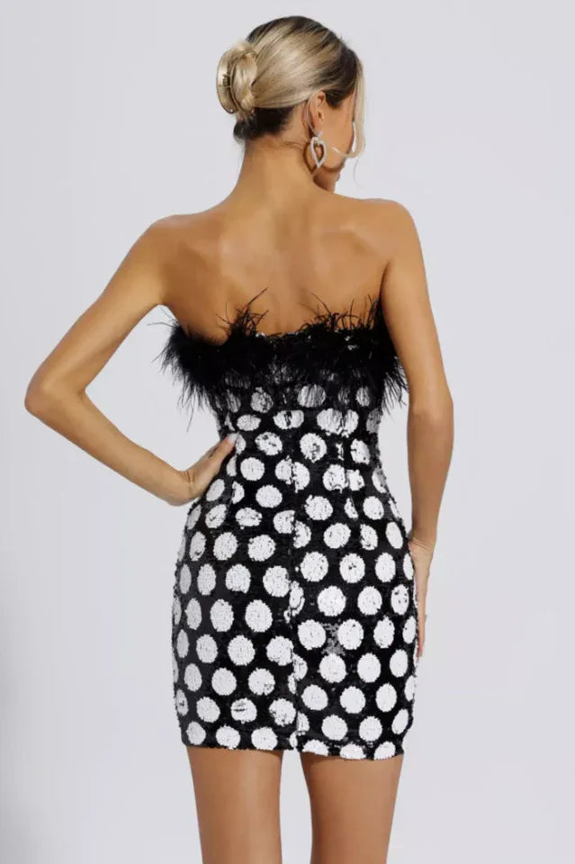 Feather Trim Polka Dot Sequin Dress - WEUXS