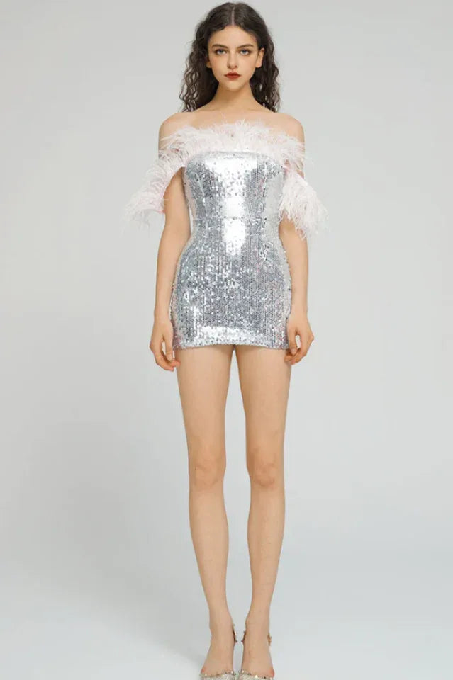 Sequin Feather Mini Dress | Evening Party Secondary image