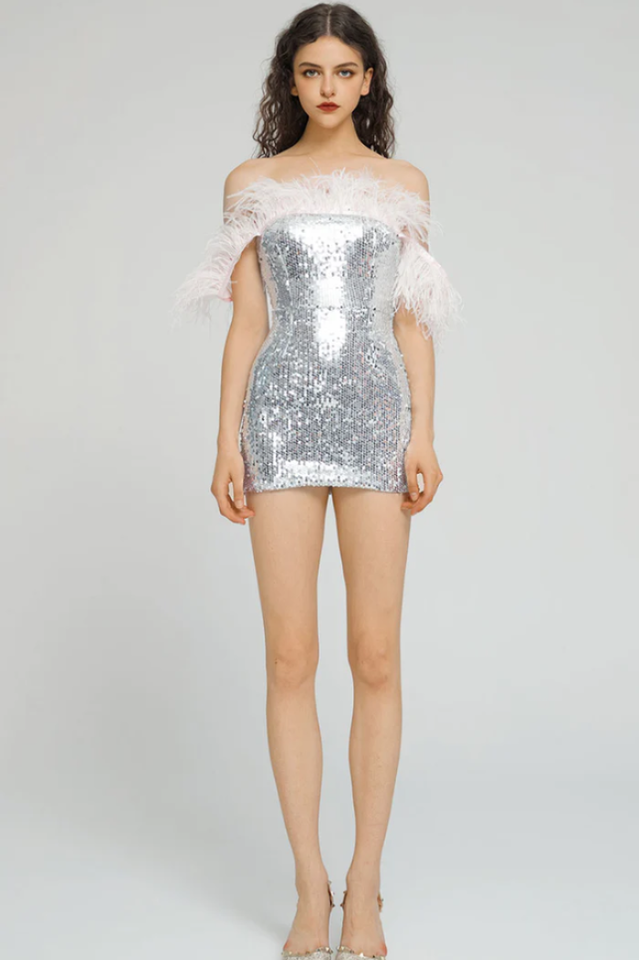 Eleni Off Shoulder Feather Sequin Dress | Dress In Beauty