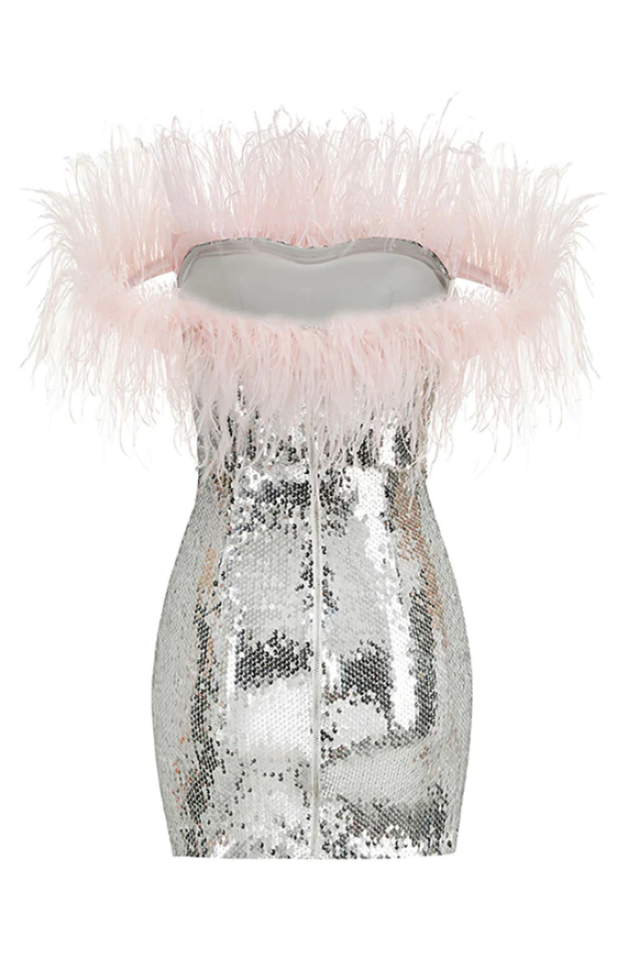 Eleni Off Shoulder Feather Sequin Dress | Dress In Beauty