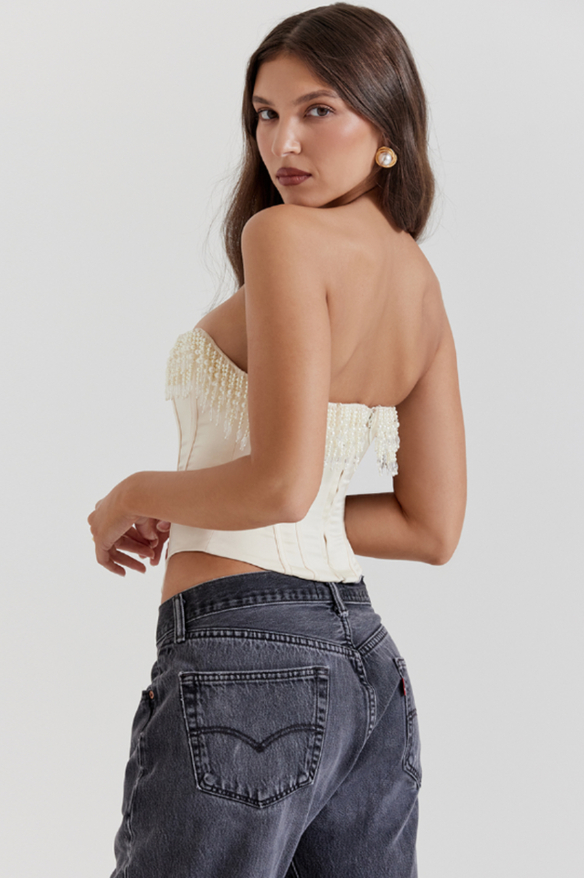 Aubrie Vintage Cream White Beaded Bra | Dress In Beauty