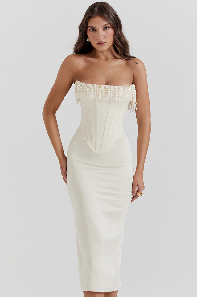 Nalita Vintage Cream Beaded Strapless Dress | Dress In Beauty