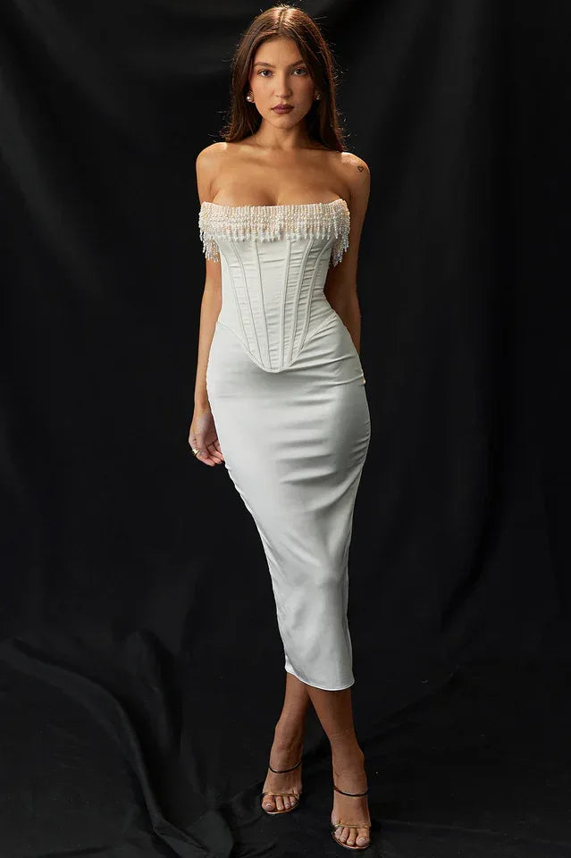 Nalita Vintage Cream Beaded Strapless Dress - View 7 | WEUXS