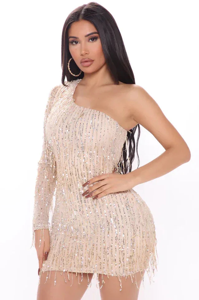 Sequin Mini Dress with Fringe Detail - View 6 | WEUXS