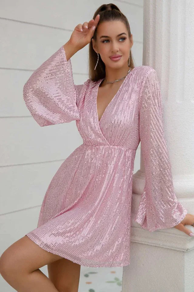 Plunging Neck Sequin Dress - WEUXS