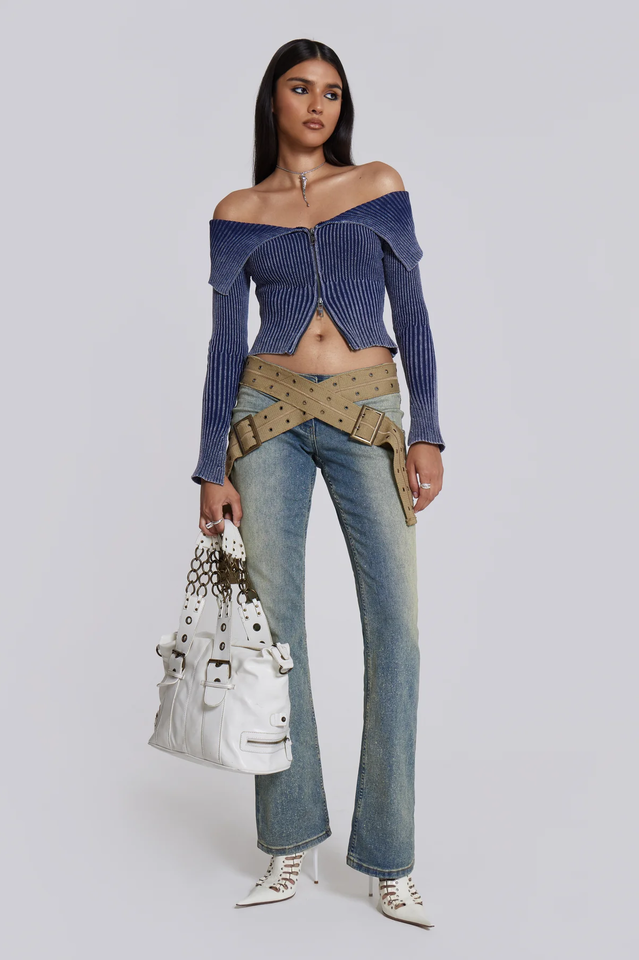 Tribeca Blue Ribbed Off The Shoulder Knit | Dress In Beauty