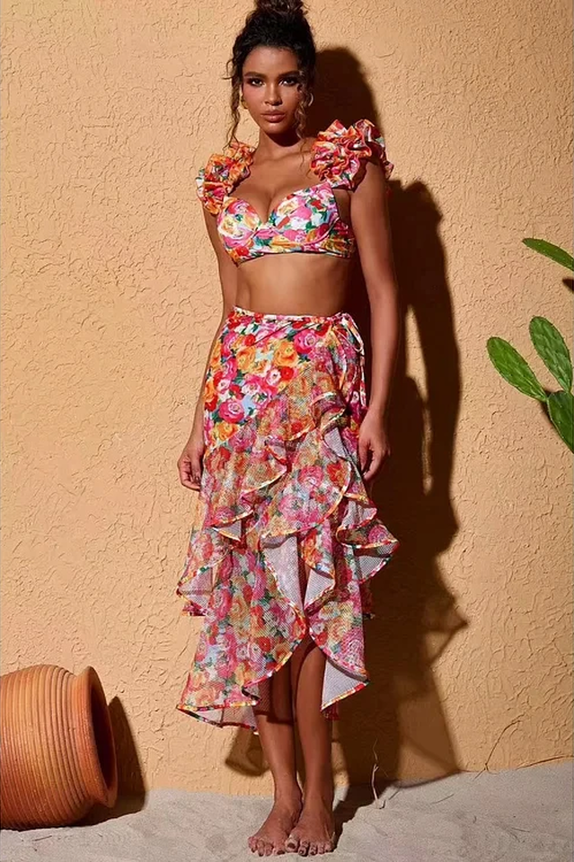 3D Floral Print Swimsuit & Skirt Set | Dress In Beauty