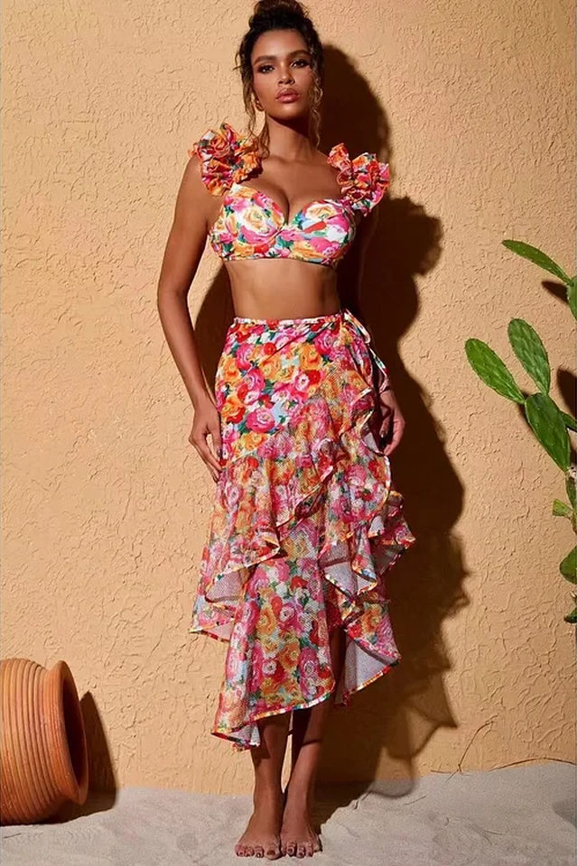 3D Floral Print Swimsuit & Skirt Set | Dress In Beauty