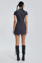 Belted cargo mini dress with collared neckline and short sleeves - View 7 | WEUXS