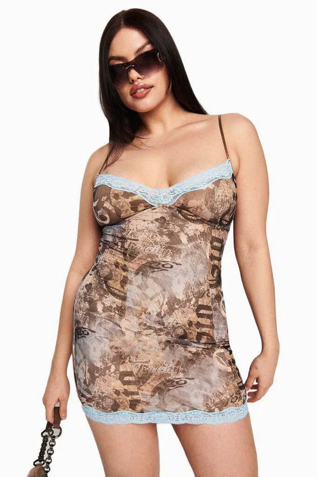 model wearing a brown graphic print mesh mini dress with blue lace trim Main image