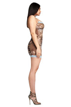side view of a model in a brown graphic print mesh mini dress with blue lace trim