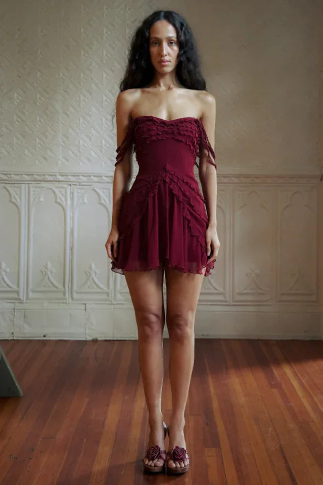 Off-the-shoulder chiffon mini dress with ruffle trim - View 9 | WEUXS