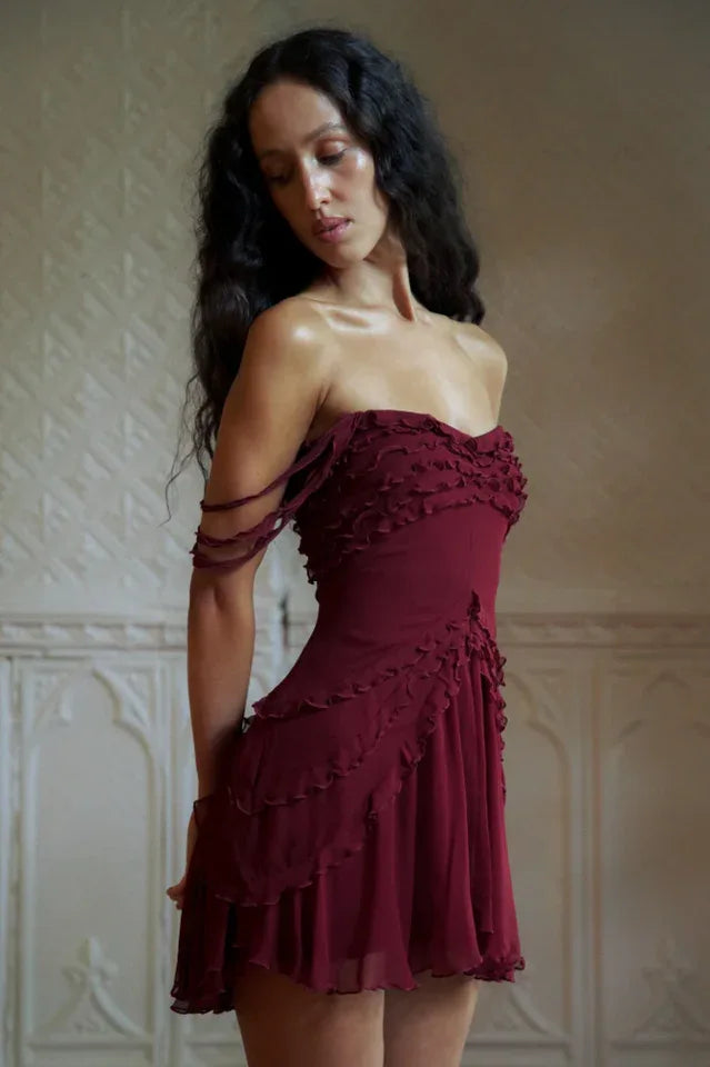 Off-the-shoulder chiffon mini dress with ruffle trim - View 7 | WEUXS