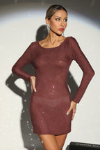 Rhinestone embellished long sleeve scoop neck fitted mini dress - View 8 | WEUXS