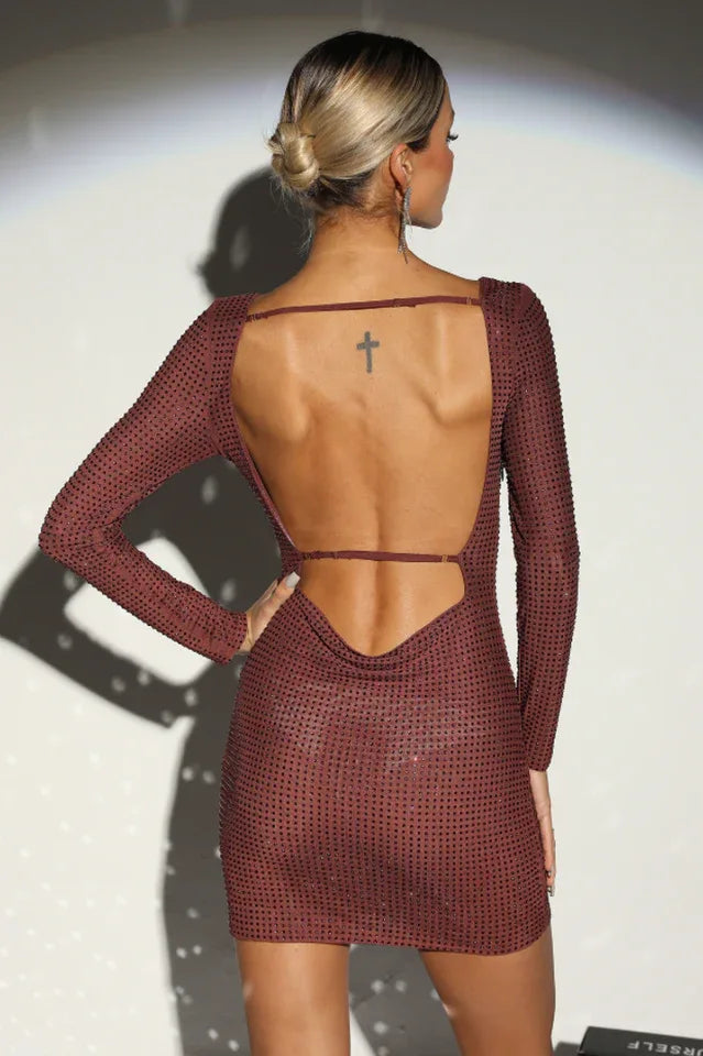 Rhinestone embellished long sleeve scoop neck fitted mini dress - View 10 | WEUXS