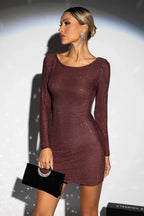 Rhinestone embellished long sleeve scoop neck fitted mini dress - View 9 | WEUXS
