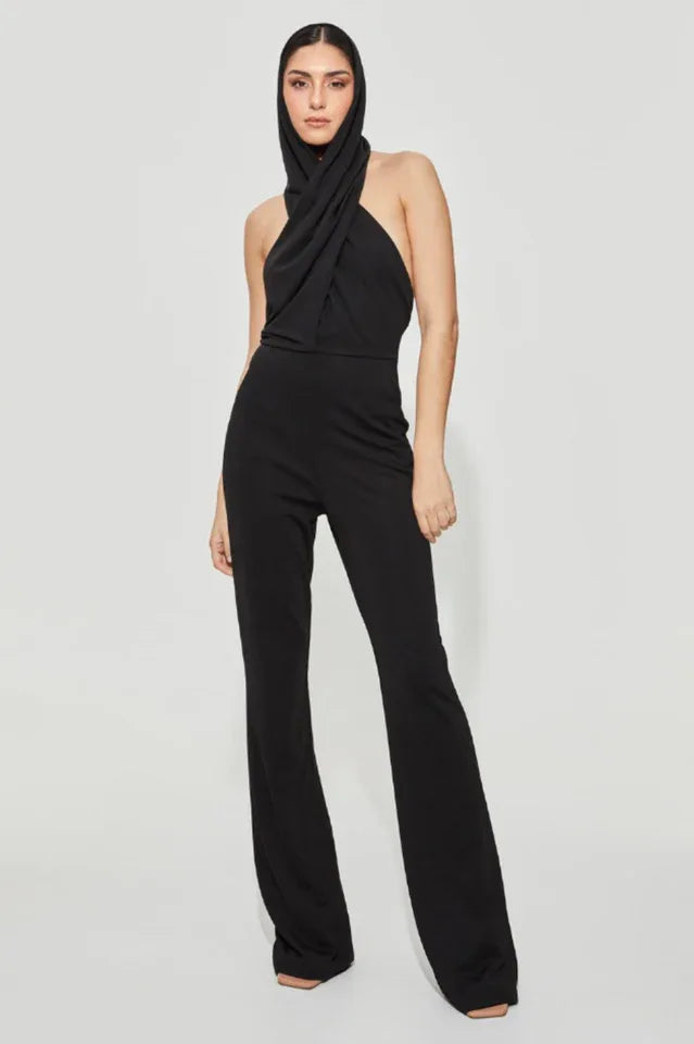 Black crepe jumpsuit with integrated hood and halter neckline Main image
