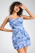 Blue floral mini dress with square neckline and spaghetti straps