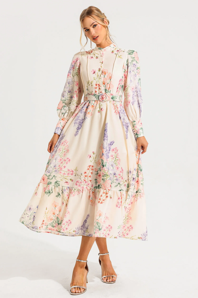 Floral Long Sleeve Maxi Dress With Belt | Dress In Beauty