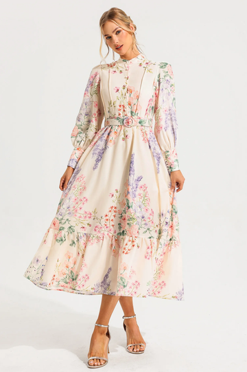 Floral Long Sleeve Maxi Dress With Belt | Dress In Beauty