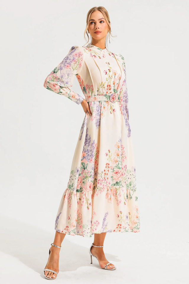 Floral Long Sleeve Maxi Dress With Belt | Dress In Beauty