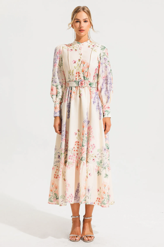 Floral Long Sleeve Maxi Dress With Belt | Dress In Beauty